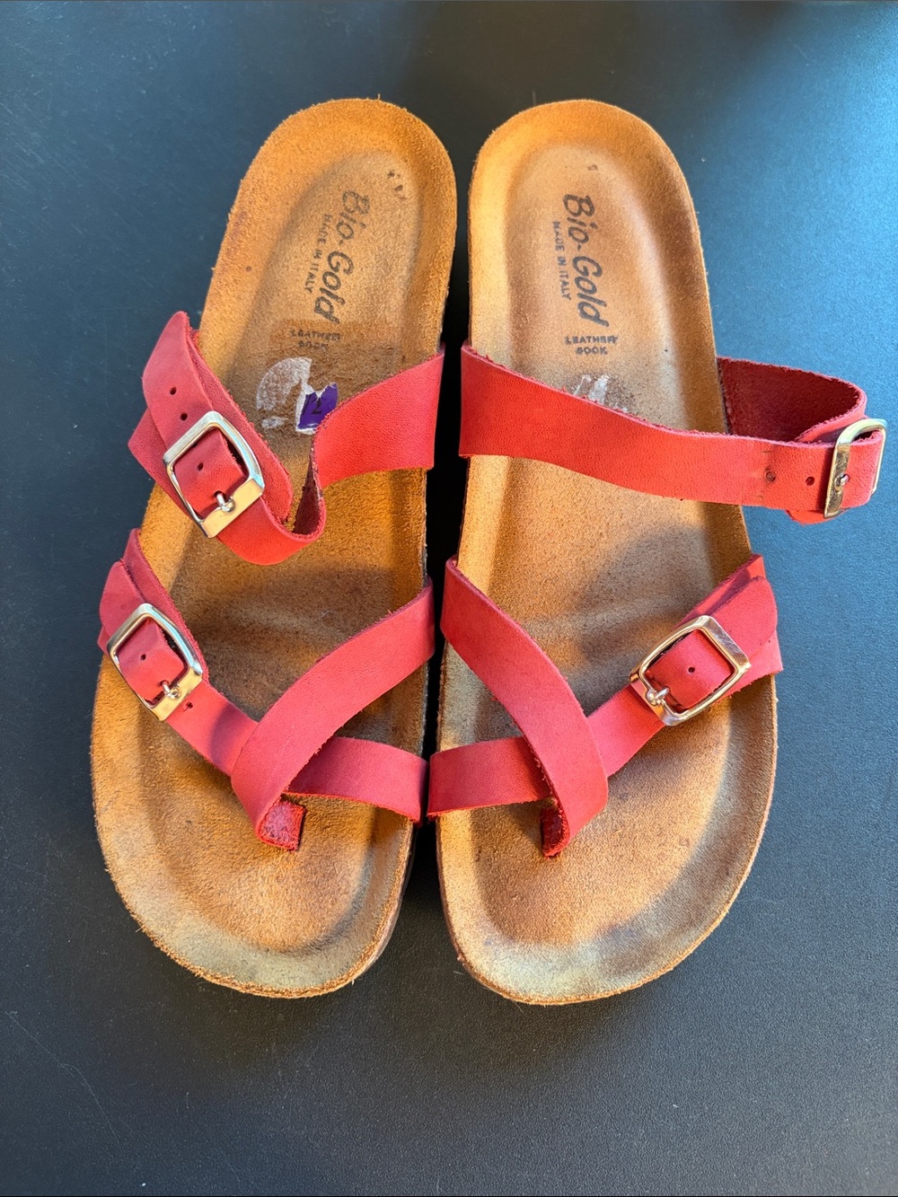 Bio-Gold Women’s Red Triple-Buckle Leather Sandals